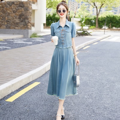 欧货漂亮牛仔两件套裙装女夏新款休闲炸街成套搭配减龄小香风套装