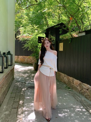 ByYou 夏季新款薄纱粉色压褶网纱半身裙高腰显瘦蓬蓬纱裙大摆长裙