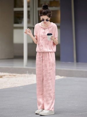 国风休闲运动套装女夏季2025新款时尚洋气提花盘扣成套搭配两件套