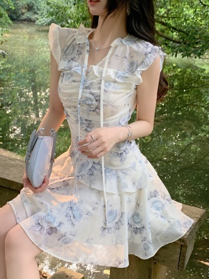 ByYou 夏季新中式国风V领印花无袖连衣裙女收腰显瘦荷叶边短裙子