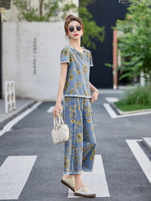 时尚流苏印花套装女2025夏季新款小个子洋气独特九分休闲裤两件套