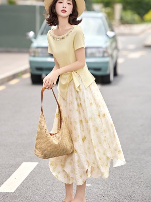 法式甜美风套装女2025夏季新款气质优雅亮片拼接碎花半身裙两件套