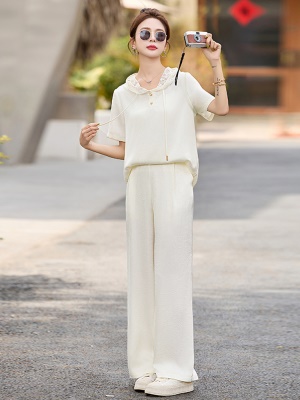 欧货蕾丝连帽休闲套装女夏2025新款时尚松弛感显瘦醋酸冰丝两件套