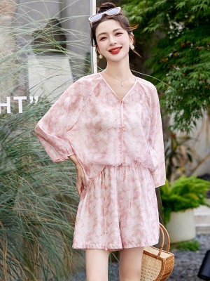 印花雪纺短裤套装女夏2025新款漂亮时尚炸街高端名媛贵夫人两件套