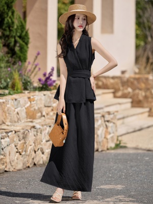 法式气质无袖套装女2025夏季新款欧若风收腰显瘦棉麻长裙两件套