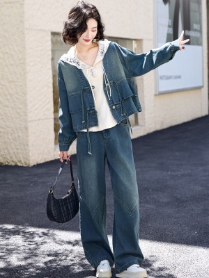 卫衣新中式牛仔套装女2025春秋装新款时髦洋气小个子阔腿裤三件套