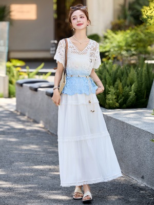 复古民族风渐变色套装女2025夏季新款短袖罩衫时尚穿搭长裙三件套