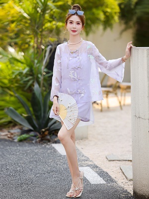 新中式国风短裤套装女2025夏季新款高端超火喇叭袖紫色爆款三件套