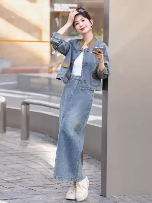 国风盘扣牛仔套装裙女2025春秋新款气质名媛复古旗袍半身裙两件套