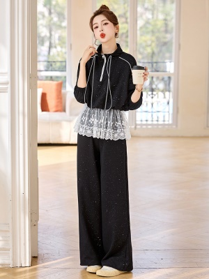 立领拉链休闲运动套装女2025春装新款欧货蕾丝拼接卫衣时尚两件套