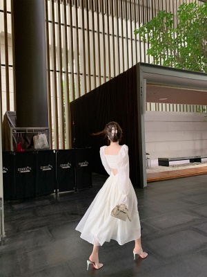 ByYou 温柔风法式方领白色泡泡袖连衣裙收腰长款高级设计感小白裙