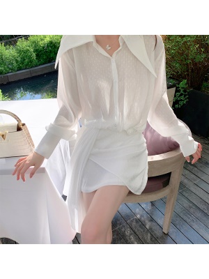 ByYou 夏季新款气质缎面白色衬衫连衣裙收腰不规则包臀短裙含绑带