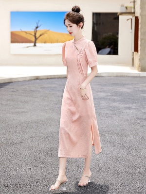 中国风盘扣连衣裙2025夏季新款名媛泡泡袖轻奢复古洋气镂空旗袍裙