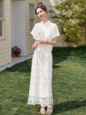 新中式雪纺罩衫吊带裙套装女2025夏新款国风巨好看蕾丝长裙两件套