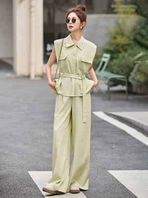 欧洲站又酷又飒系带收腰工装套装女2025夏款显瘦马甲阔腿裤两件套