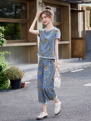 时尚流苏印花套装女2025夏季新款小个子洋气独特九分休闲裤两件套