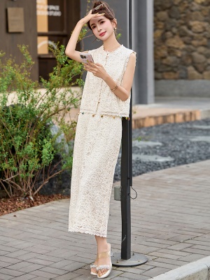 法式蕾丝刺绣马甲套装女2025夏季新款彩色钉珠花边气质小香两件套