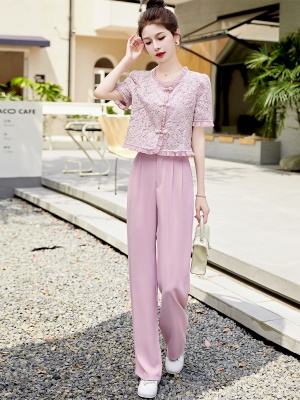 2025夏装俏皮活泼减龄两件套名媛蕾丝上衣高级感西装阔腿裤套装女