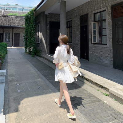 ByYou春季高级感收腰白色衬衫连衣裙显瘦缎面雪纺衬衫裙 含内搭裙