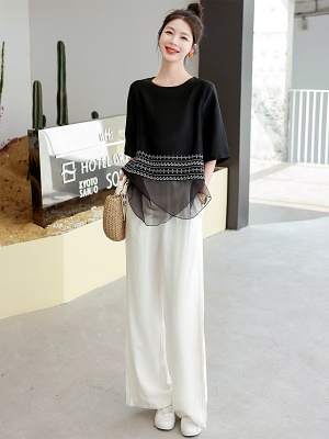 时尚中袖棉麻套装女夏新款高端刺绣天丝网纱上衣亚麻阔腿裤两件套