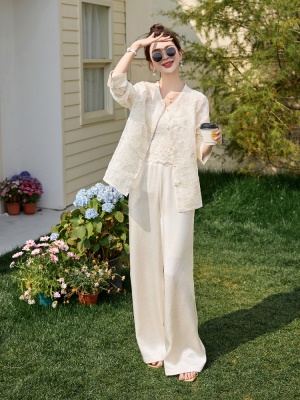 重工刺绣防晒长袖套装女夏2025新款轻奢高贵大气减龄阔腿裤两件套