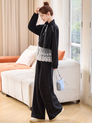 立领拉链休闲运动套装女2025春装新款欧货蕾丝拼接卫衣时尚两件套