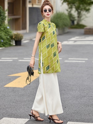 新中式国风贵夫人套装女2025夏季新款高级感旗袍上衣阔腿裤两件套