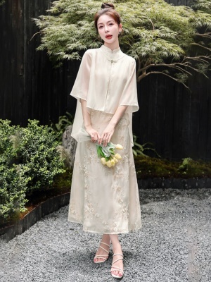 2025夏装新款国风薄纱套装女刺绣连衣裙开衫斗篷新中式旗袍两件套