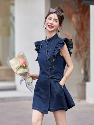 新中式国风牛仔套装女2025夏季新款时尚复古盘扣小飞袖短裤两件套