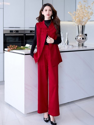 新中式国风套装女2025秋季新款高端盘扣流苏无袖马甲阔腿裤三件套