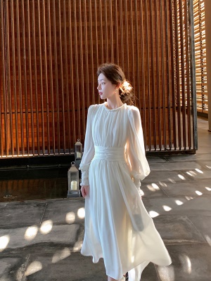 ByYou 夏季新款绝美长袖露背白色雪纺连衣裙收腰大摆长裙仙女裙子