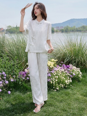 新中式国风冰丝超火套装女2025夏季新款高端刺绣提花阔腿裤两件套