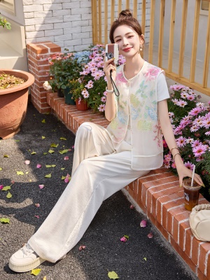 新中式重工刺绣马甲套装女2025夏季新款缎面时尚超火阔腿裤两件套