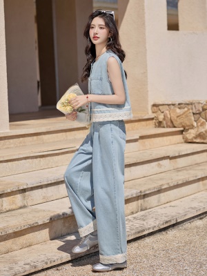 小香风蕾丝拼接无袖套装女2025夏季新款时尚薄款牛仔阔腿裤两件套