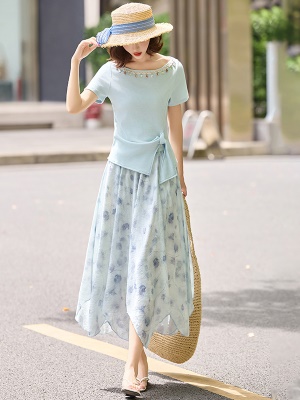 法式甜美风套装女2025夏季新款气质优雅亮片拼接碎花半身裙两件套