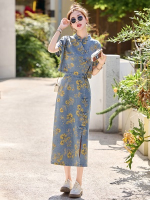 新中式国风套装女2025夏季时尚气质印花薄款牛仔盘扣半身裙两件套