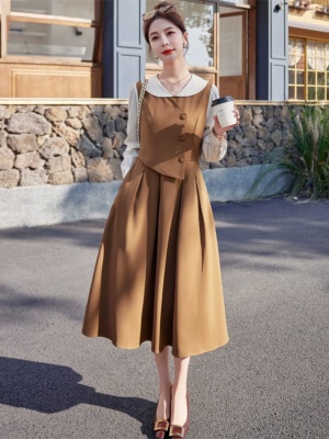 假两件长袖衬衫连衣裙女2025春秋季新款港风拼色收腰小香风a字裙