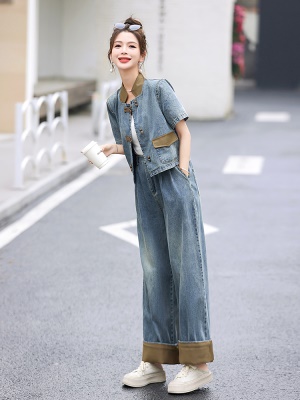 欧货国风盘扣牛仔套装女夏2025新款气质拼接漂亮时尚直筒裤两件套