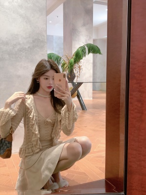 ByYou秋季新款气质卡其色针织半身裙多层蛋糕裙高腰显瘦a字短裙子