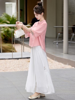 高端棉麻休闲套装女2025夏季新款麻料巨显瘦减龄亚麻阔腿裤两件套