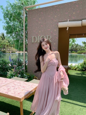 ByYou夏季粉色法式吊带V领连衣裙女收腰显瘦中长款雪纺裙子仙女裙