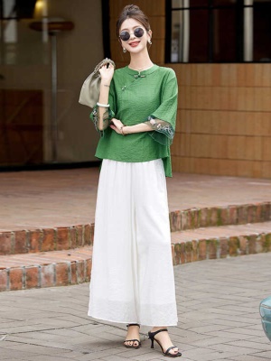 高端棉麻休闲套装女2025夏季新款麻料巨显瘦减龄亚麻阔腿裤两件套