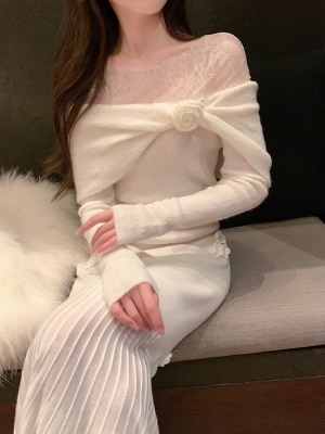 ByYou 冬季羊毛白色鱼尾针织半身裙长款过膝毛衣裙显瘦高腰包臀裙