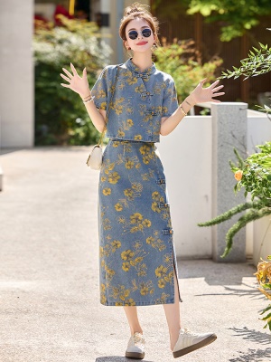 新中式国风套装女2025夏季时尚气质印花薄款牛仔盘扣半身裙两件套