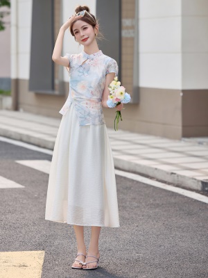 新中式改良旗袍连衣裙女2025夏季新款国风收腰印花拼接假两件长裙