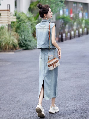 薄款复古牛仔套装女2025夏季新款时尚坎肩马甲爆款半身长裙两件套