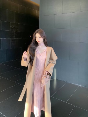 ByYou 冬季粉色V领内搭挂脖针织连衣裙中长款过膝毛衣裙收腰裙子