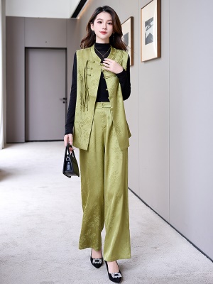 新中式国风套装女2025秋季新款高端盘扣流苏无袖马甲阔腿裤三件套