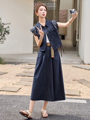 2025超火天丝牛仔套装女2025夏装新款拼接格子休闲绝美裙子两件套