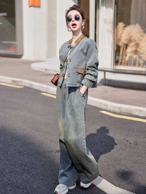 牛仔外套女2025新款爆款春季百搭套装新中式国风盘扣阔腿裤两件套